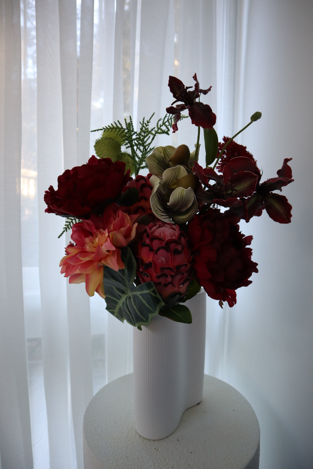 Crimson Passion Real Touch Protea & Dark Dahlia Bouquet