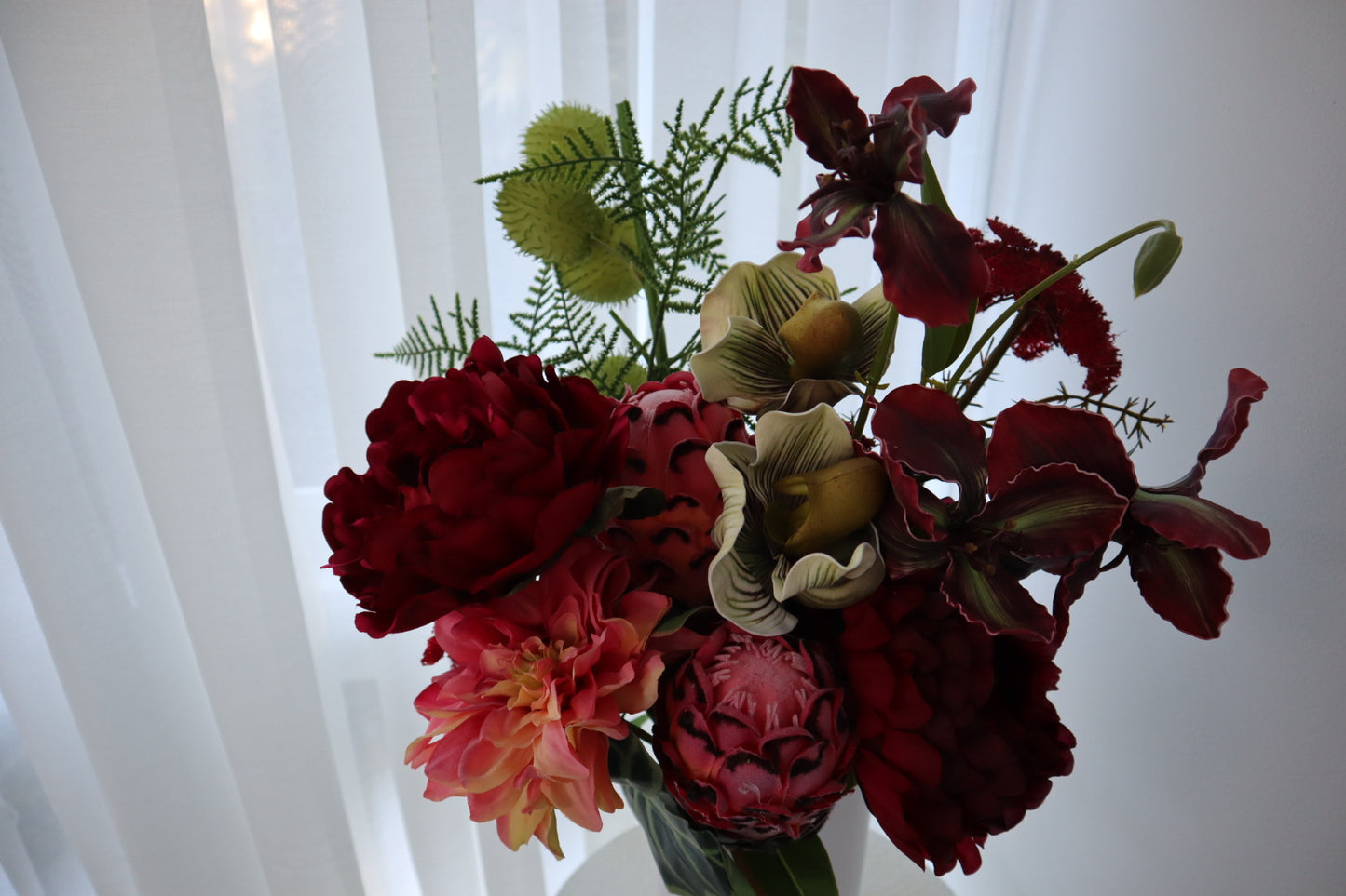 Crimson Passion Real Touch Protea & Dark Dahlia Bouquet