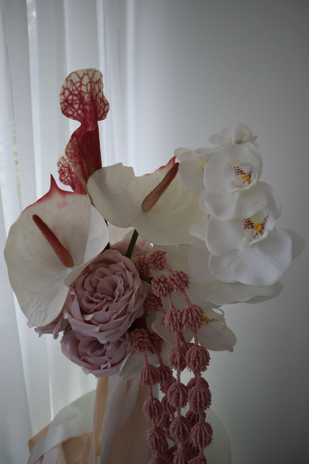 Blush Cascade – Silk Orchid & Anthurium Wedding Bouquet