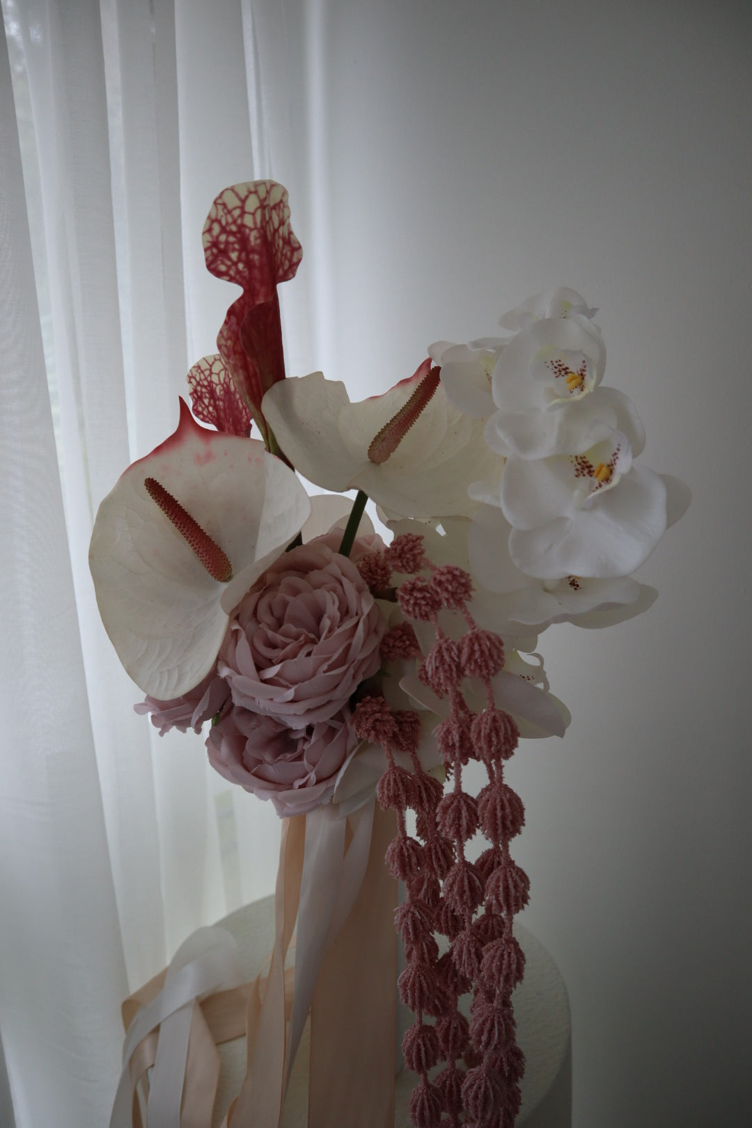 Blush Cascade – Silk Orchid & Anthurium Wedding Bouquet
