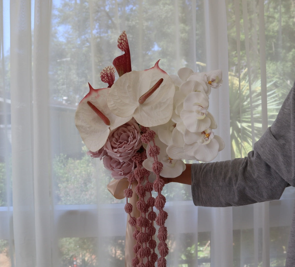 Blush Cascade – Silk Orchid & Anthurium Wedding Bouquet