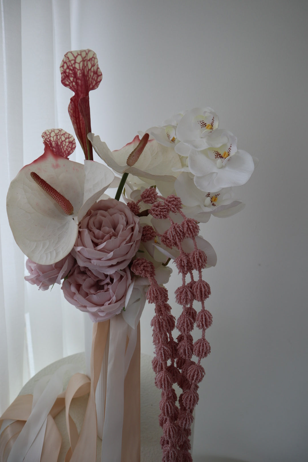Blush Cascade – Silk Orchid & Anthurium Wedding Bouquet