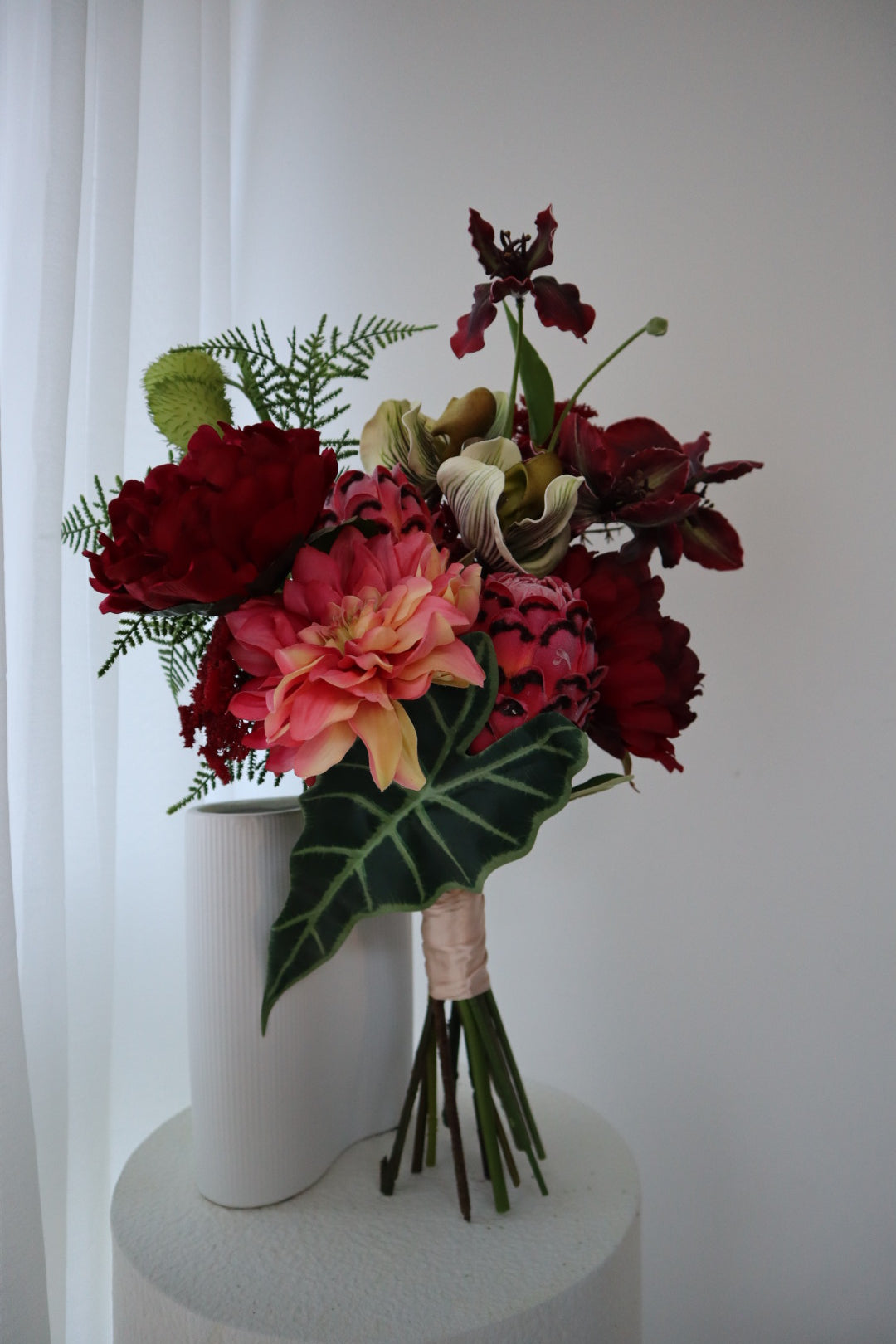 Crimson Passion Real Touch Protea & Dark Dahlia Bouquet