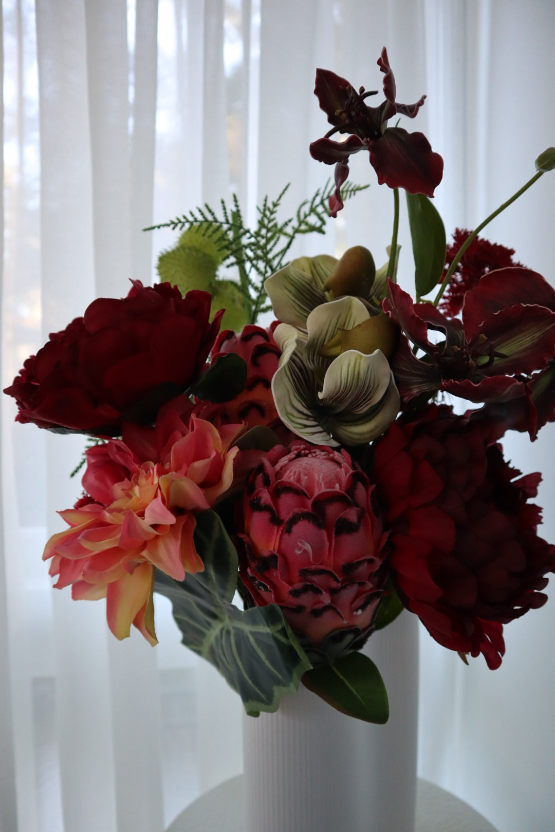 Crimson Passion Real Touch Protea & Dark Dahlia Bouquet