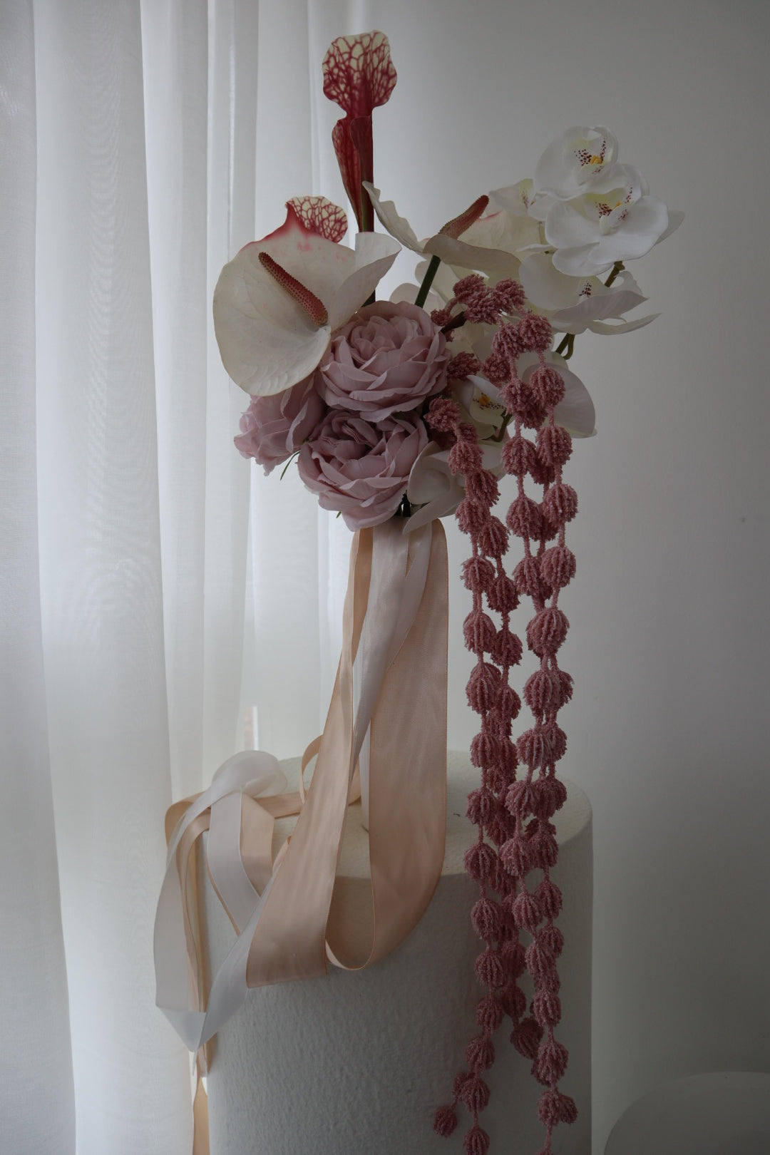 Blush Cascade – Silk Orchid & Anthurium Wedding Bouquet