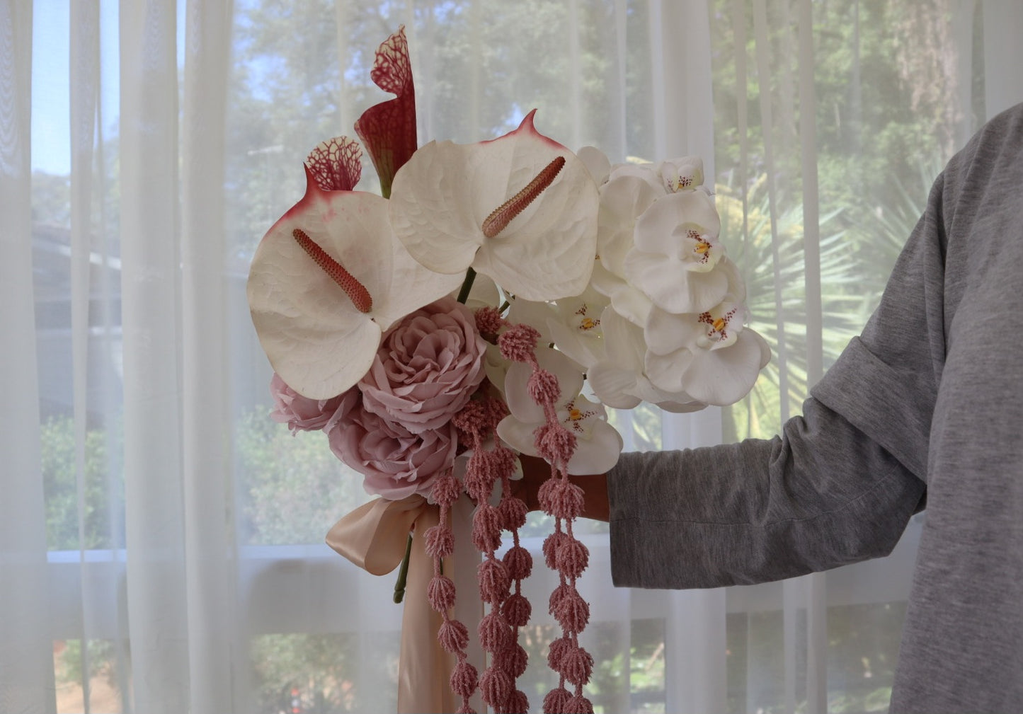 Blush Cascade – Silk Orchid & Anthurium Wedding Bouquet