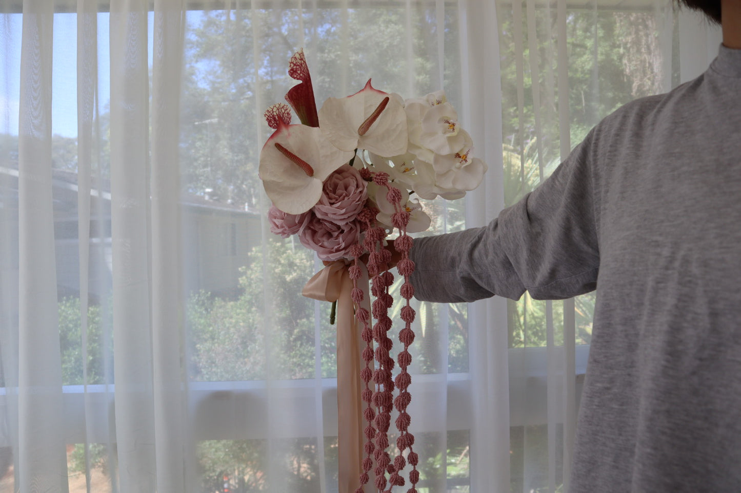 Blush Cascade – Silk Orchid & Anthurium Wedding Bouquet