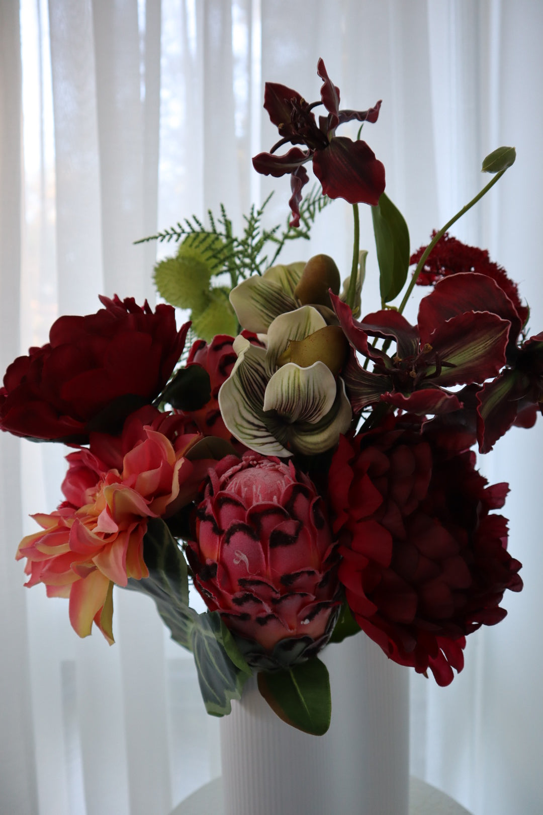 Crimson Passion Real Touch Protea & Dark Dahlia Bouquet