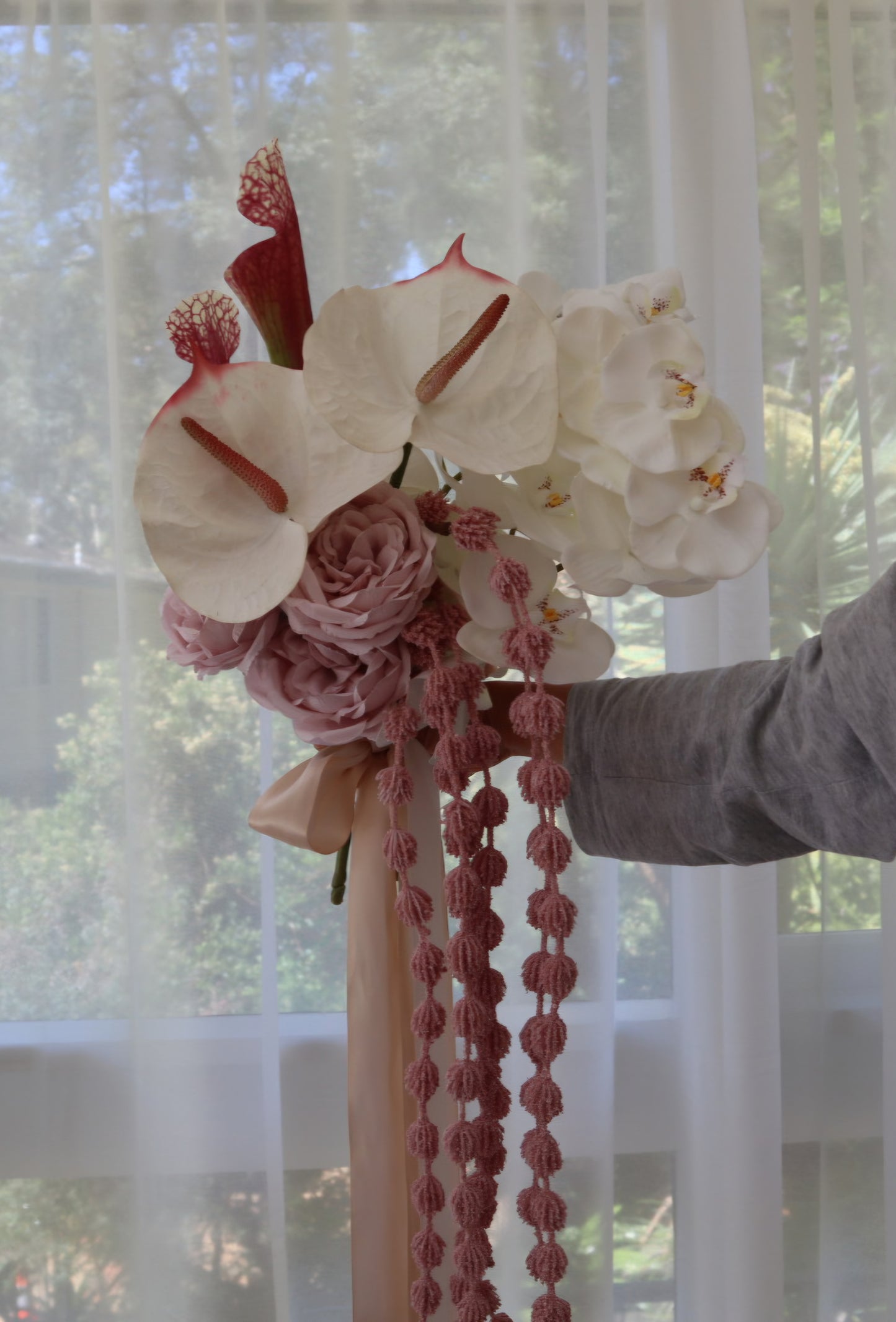 Blush Cascade – Silk Orchid & Anthurium Wedding Bouquet